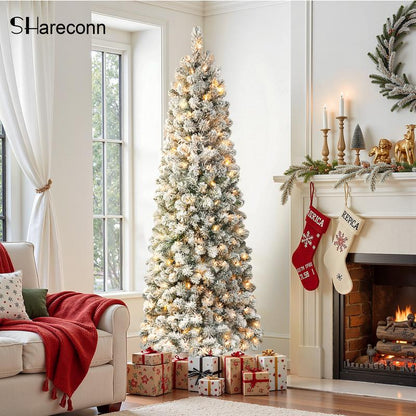 【Black Friday】Shareconn 2025 4/ 5/ 6/ 7.5/ 9FT Pre-Lit Snow Flocked Slim Christmas Tree with Warm White Lights & Dense Snow Flocked Branches, Ideal Pencil Tree Decoration