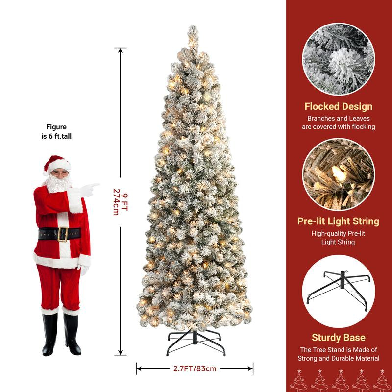 【Black Friday】Shareconn 2025 4/ 5/ 6/ 7.5/ 9FT Pre-Lit Snow Flocked Slim Christmas Tree with Warm White Lights & Dense Snow Flocked Branches, Ideal Pencil Tree Decoration