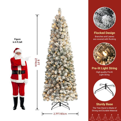 【Black Friday】Shareconn 2025 4/ 5/ 6/ 7.5/ 9FT Pre-Lit Snow Flocked Slim Christmas Tree with Warm White Lights & Dense Snow Flocked Branches, Ideal Pencil Tree Decoration