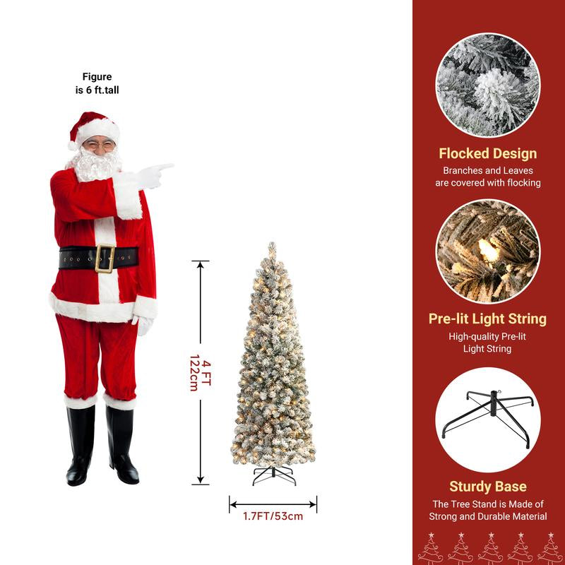 【Black Friday】Shareconn 2025 4/ 5/ 6/ 7.5/ 9FT Pre-Lit Snow Flocked Slim Christmas Tree with Warm White Lights & Dense Snow Flocked Branches, Ideal Pencil Tree Decoration