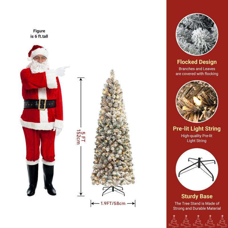 【Black Friday】Shareconn 2025 4/ 5/ 6/ 7.5/ 9FT Pre-Lit Snow Flocked Slim Christmas Tree with Warm White Lights & Dense Snow Flocked Branches, Ideal Pencil Tree Decoration