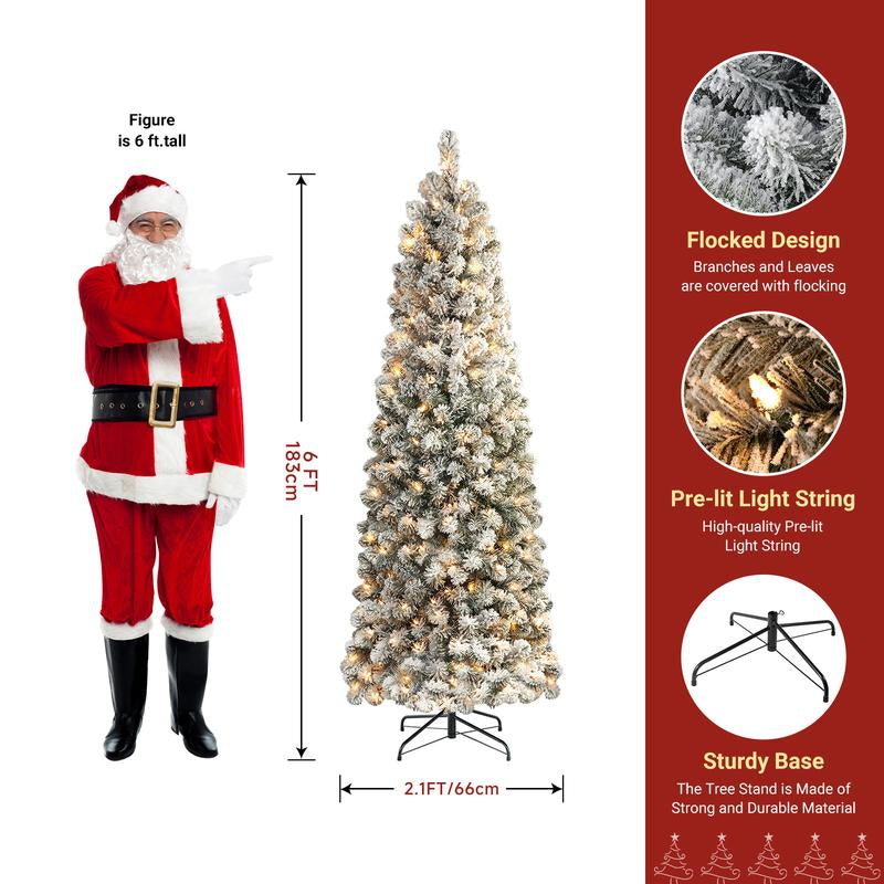 【Black Friday】Shareconn 2025 4/ 5/ 6/ 7.5/ 9FT Pre-Lit Snow Flocked Slim Christmas Tree with Warm White Lights & Dense Snow Flocked Branches, Ideal Pencil Tree Decoration