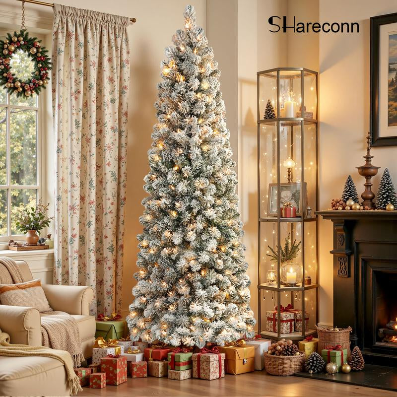 【Black Friday】Shareconn 2025 4/ 5/ 6/ 7.5/ 9FT Pre-Lit Snow Flocked Slim Christmas Tree with Warm White Lights & Dense Snow Flocked Branches, Ideal Pencil Tree Decoration