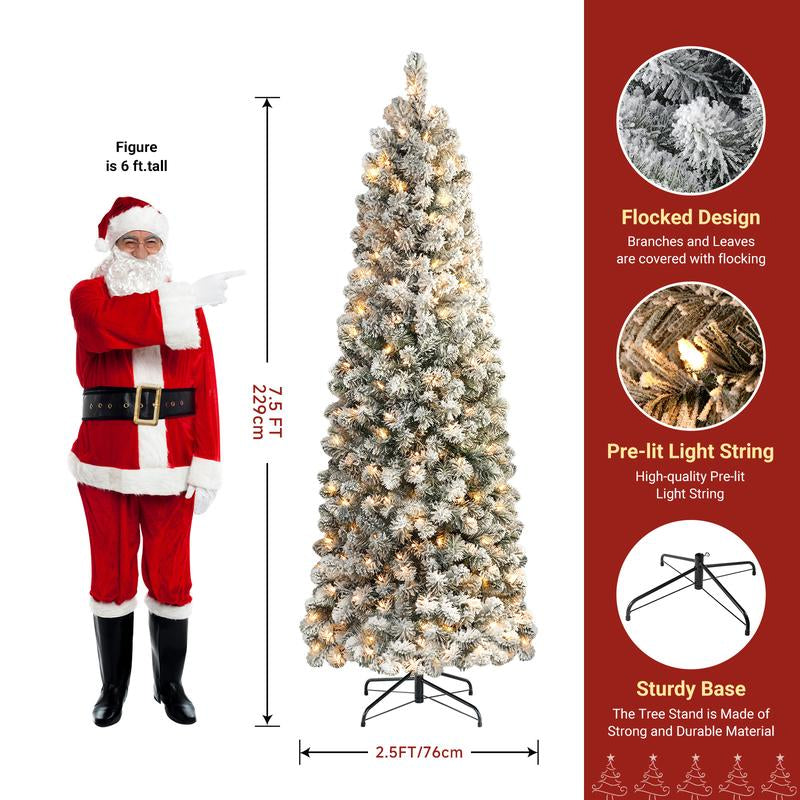 【Black Friday】Shareconn 2025 4/ 5/ 6/ 7.5/ 9FT Pre-Lit Snow Flocked Slim Christmas Tree with Warm White Lights & Dense Snow Flocked Branches, Ideal Pencil Tree Decoration