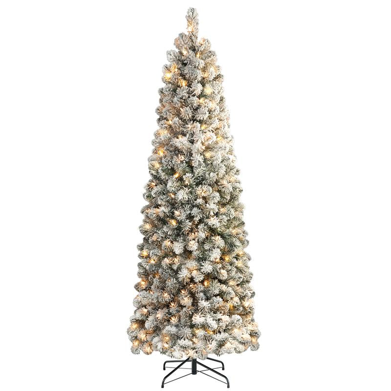 【Black Friday】Shareconn 2025 4/ 5/ 6/ 7.5/ 9FT Pre-Lit Snow Flocked Slim Christmas Tree with Warm White Lights & Dense Snow Flocked Branches, Ideal Pencil Tree Decoration