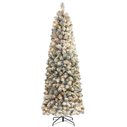 【Black Friday】Shareconn 2025 4/ 5/ 6/ 7.5/ 9FT Pre-Lit Snow Flocked Slim Christmas Tree with Warm White Lights & Dense Snow Flocked Branches, Ideal Pencil Tree Decoration