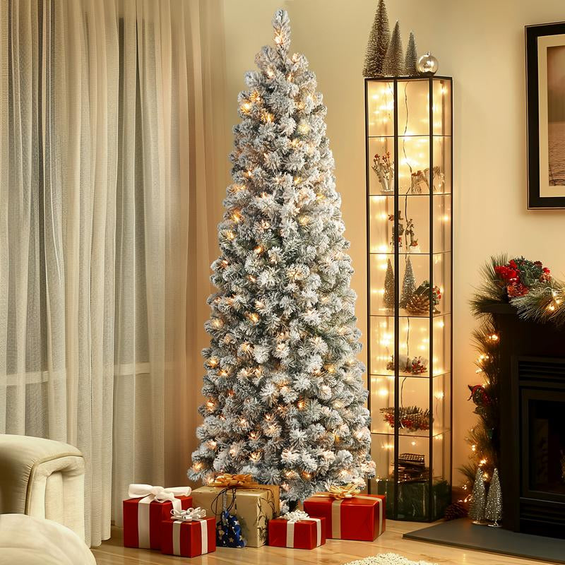 【Black Friday】Shareconn 2025 4/ 5/ 6/ 7.5/ 9FT Pre-Lit Snow Flocked Slim Christmas Tree with Warm White Lights & Dense Snow Flocked Branches, Ideal Pencil Tree Decoration