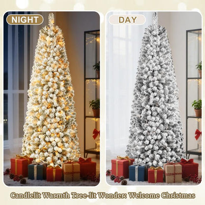 【Black Friday】Shareconn 2025 4/ 5/ 6/ 7.5/ 9FT Pre-Lit Snow Flocked Slim Christmas Tree with Warm White Lights & Dense Snow Flocked Branches, Ideal Pencil Tree Decoration