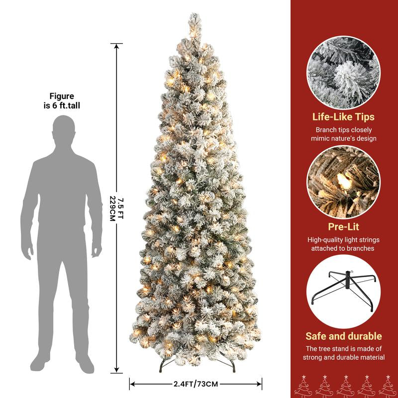 【Black Friday】Shareconn 2025 4/ 5/ 6/ 7.5/ 9FT Pre-Lit Snow Flocked Slim Christmas Tree with Warm White Lights & Dense Snow Flocked Branches, Ideal Pencil Tree Decoration