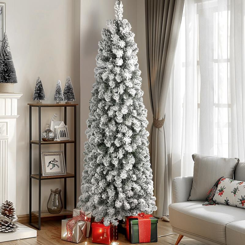 【Black Friday】Shareconn 2025 4/ 5/ 6/ 7.5/ 9FT Pre-Lit Snow Flocked Slim Christmas Tree with Warm White Lights & Dense Snow Flocked Branches, Ideal Pencil Tree Decoration