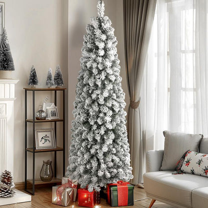 【Black Friday】Shareconn 2025 4/ 5/ 6/ 7.5/ 9FT Pre-Lit Snow Flocked Slim Christmas Tree with Warm White Lights & Dense Snow Flocked Branches, Ideal Pencil Tree Decoration
