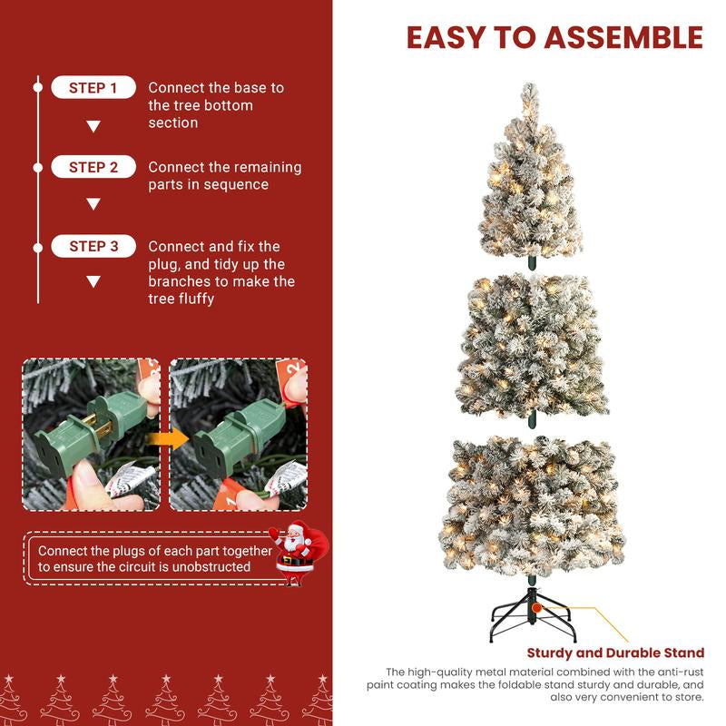 【Black Friday】Shareconn 2025 4/ 5/ 6/ 7.5/ 9FT Pre-Lit Snow Flocked Slim Christmas Tree with Warm White Lights & Dense Snow Flocked Branches, Ideal Pencil Tree Decoration